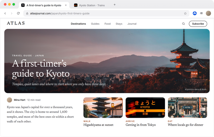 A travel guide open in a browser tab: “A first-timer’s guide to Kyoto”