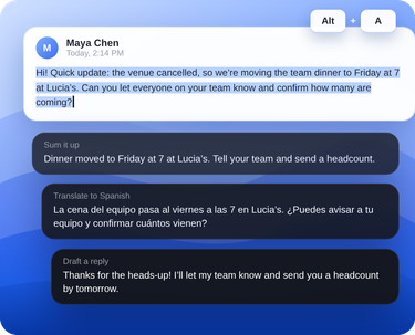 A highlighted message about a team dinner, with A2E’s summary, Spanish translation and drafted reply underneath
