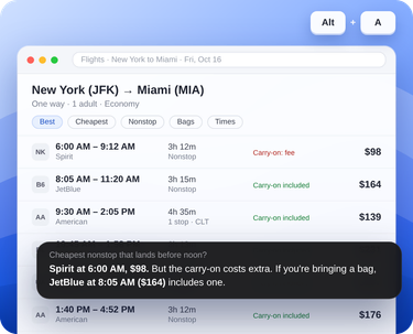 A2E over a page of flights from New York to Miami, answering “Cheapest nonstop that lands before noon?” from the fares on the page