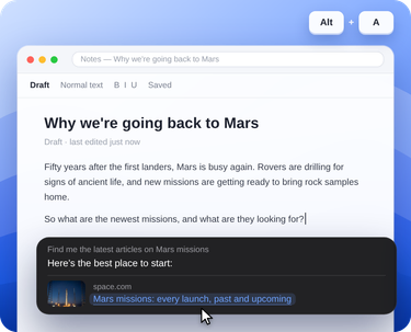 A2E over a notes draft about Mars, answering “Find me the latest articles on Mars missions” with a link to a space.com article